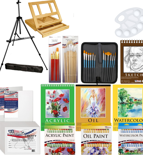 Deluxe artist painting set with aluminum floor easel wood drawer table easel